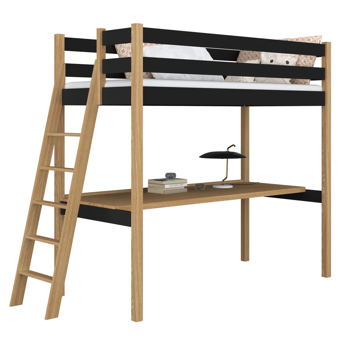 Hochbett schwarz-eiche mit Schreibtisch – Lernen unter dem Schlafbereich, aus Holz
