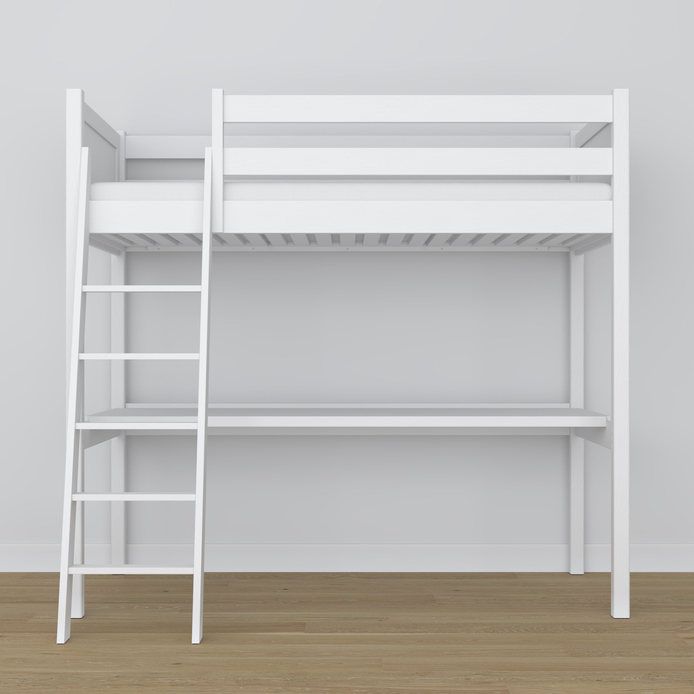 Loft bed white with desk – study space under the sleeping area, wooden