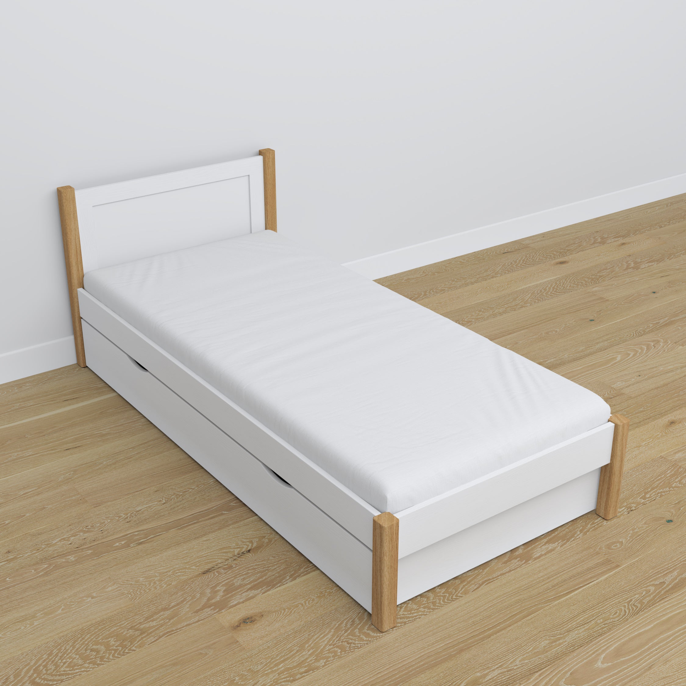Bett mit Schublade aus Holz Weiß-Eiche – Maße und Schema, Nizio Home