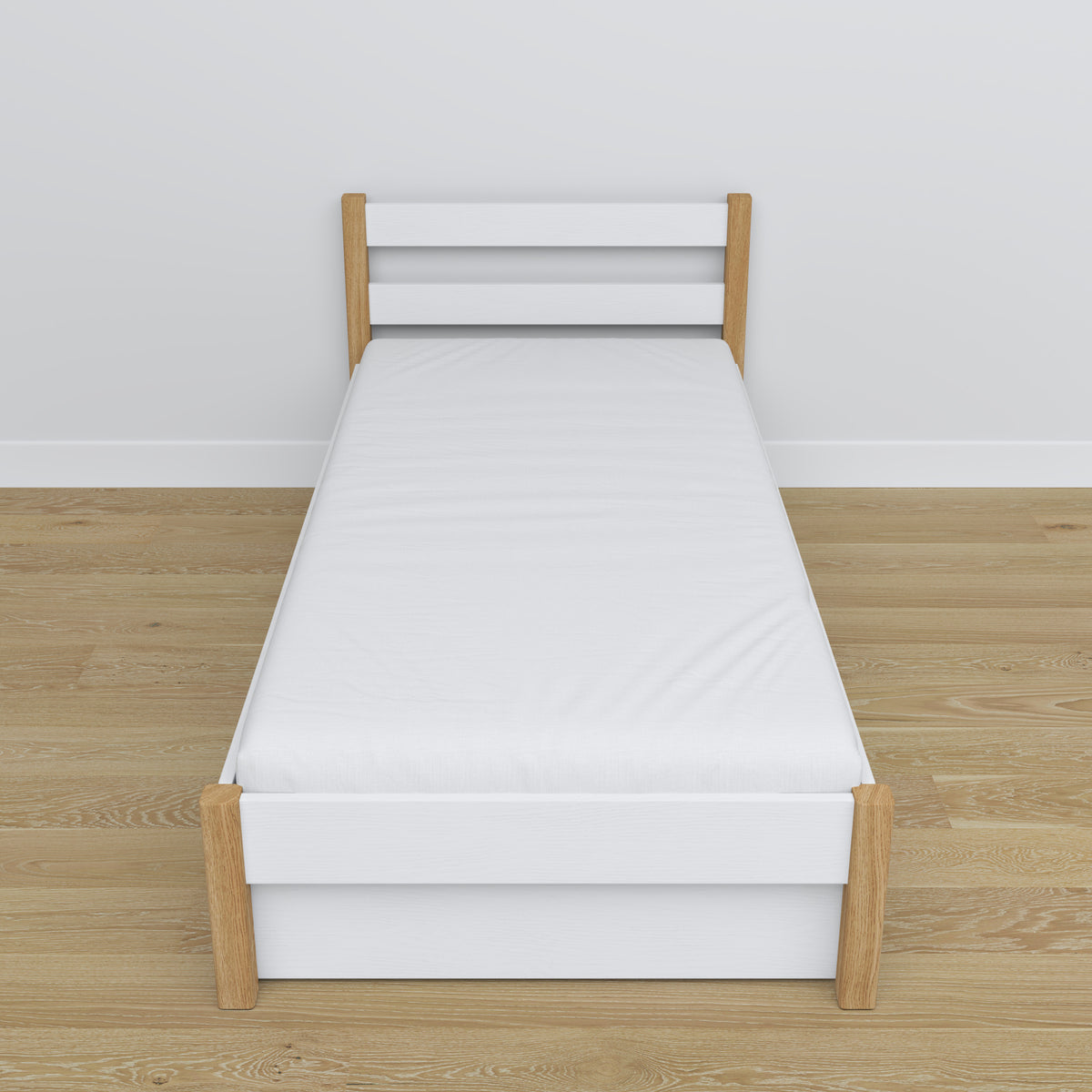 Bed white/oak with drawer – runners and wooden details, Nizio