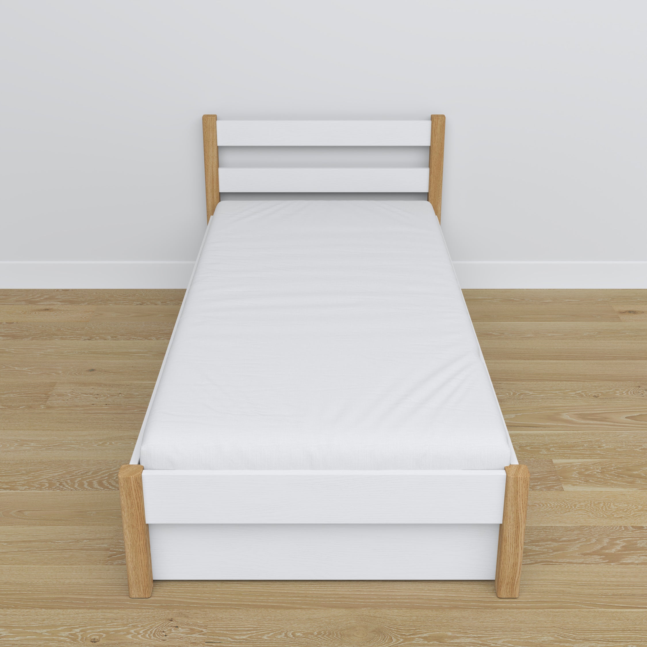 Bed white/oak with drawer – runners and wooden details, Nizio