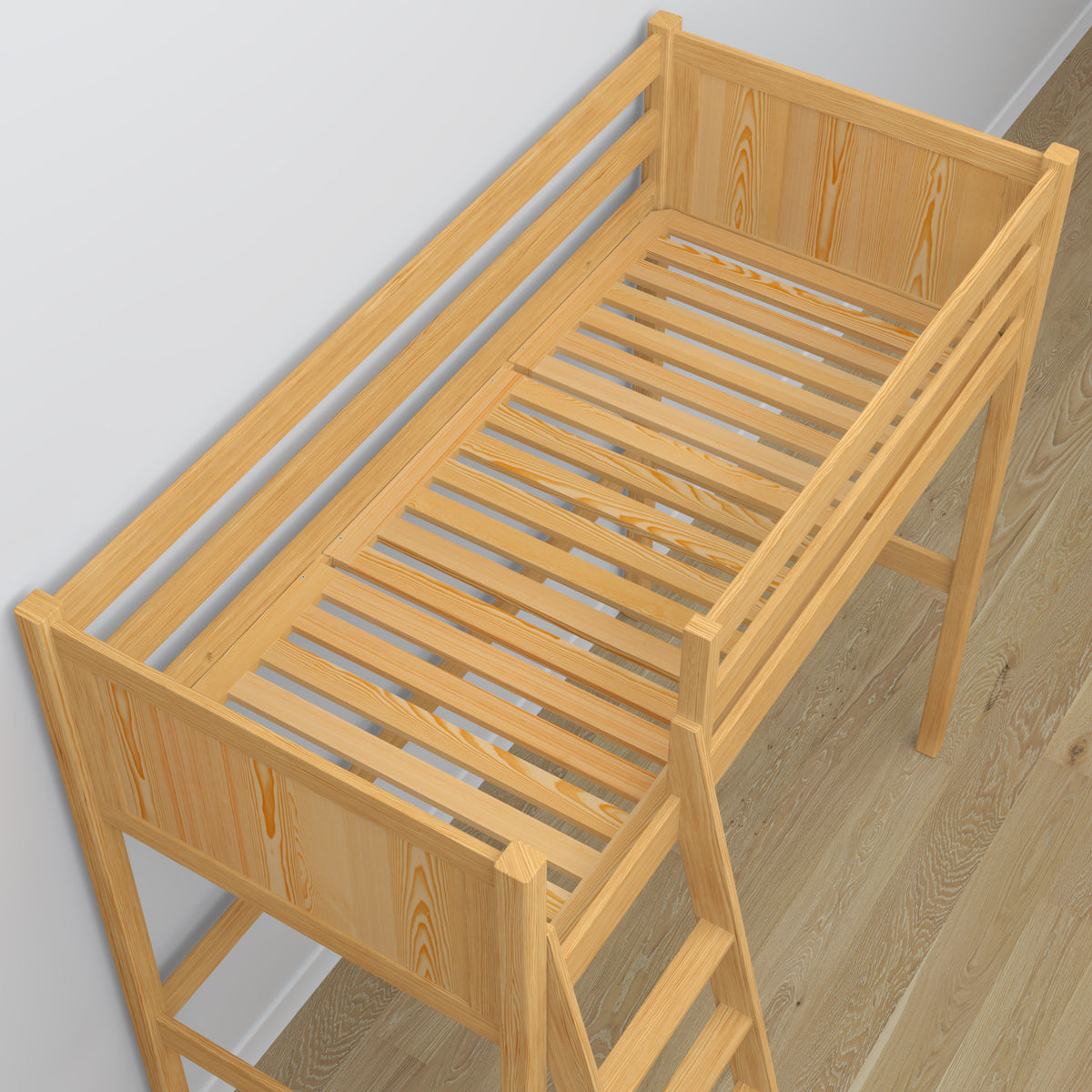 Hochbett mit Schreibtisch aus Holz Kiefer natur – Details der Verbindungen und Leiter