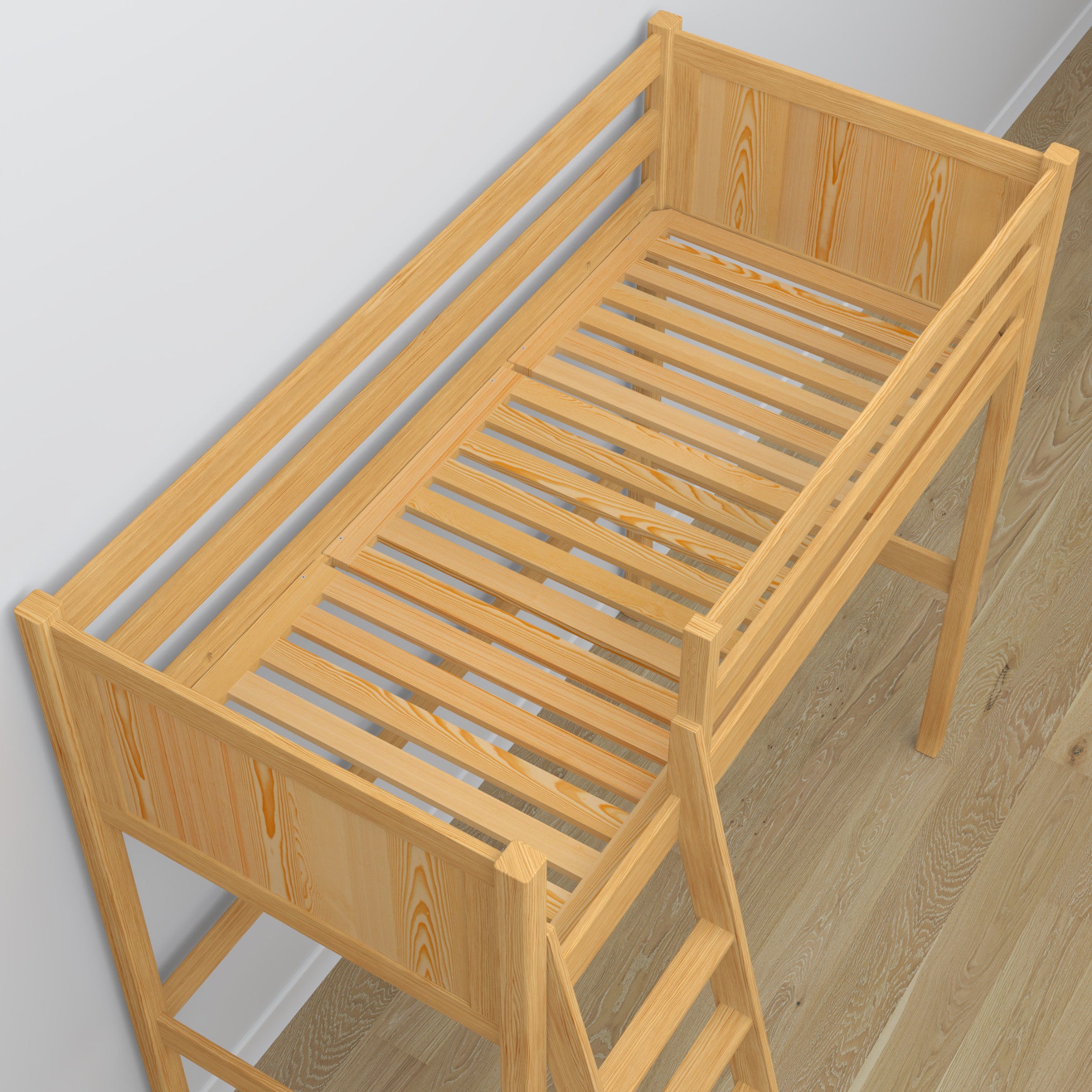 Hochbett mit Schreibtisch aus Holz Kiefer natur – Details der Verbindungen und Leiter