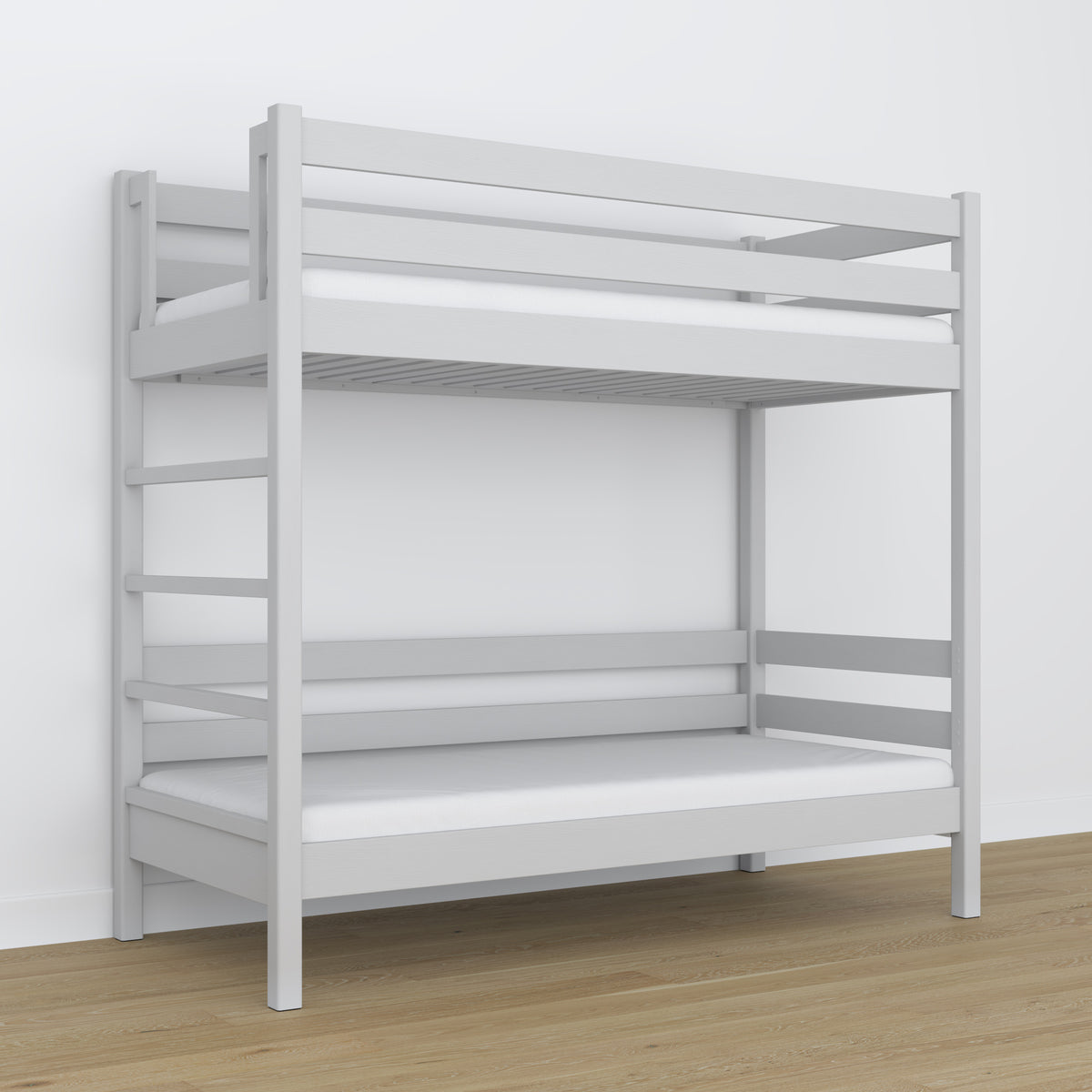 Holz-Etagenbett grau – Nahaufnahme der Verbindungen und Holzdetails