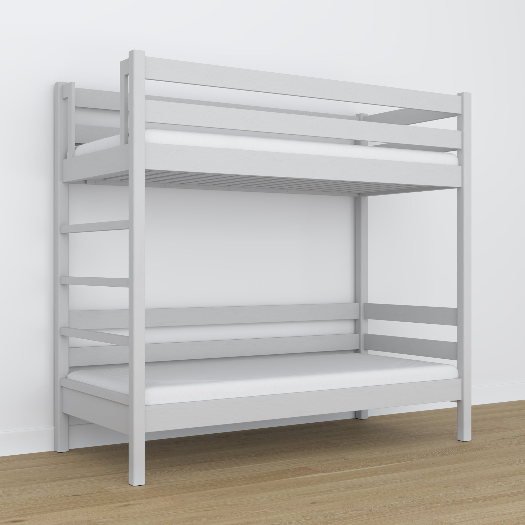 Holz-Etagenbett grau – Nahaufnahme der Verbindungen und Holzdetails