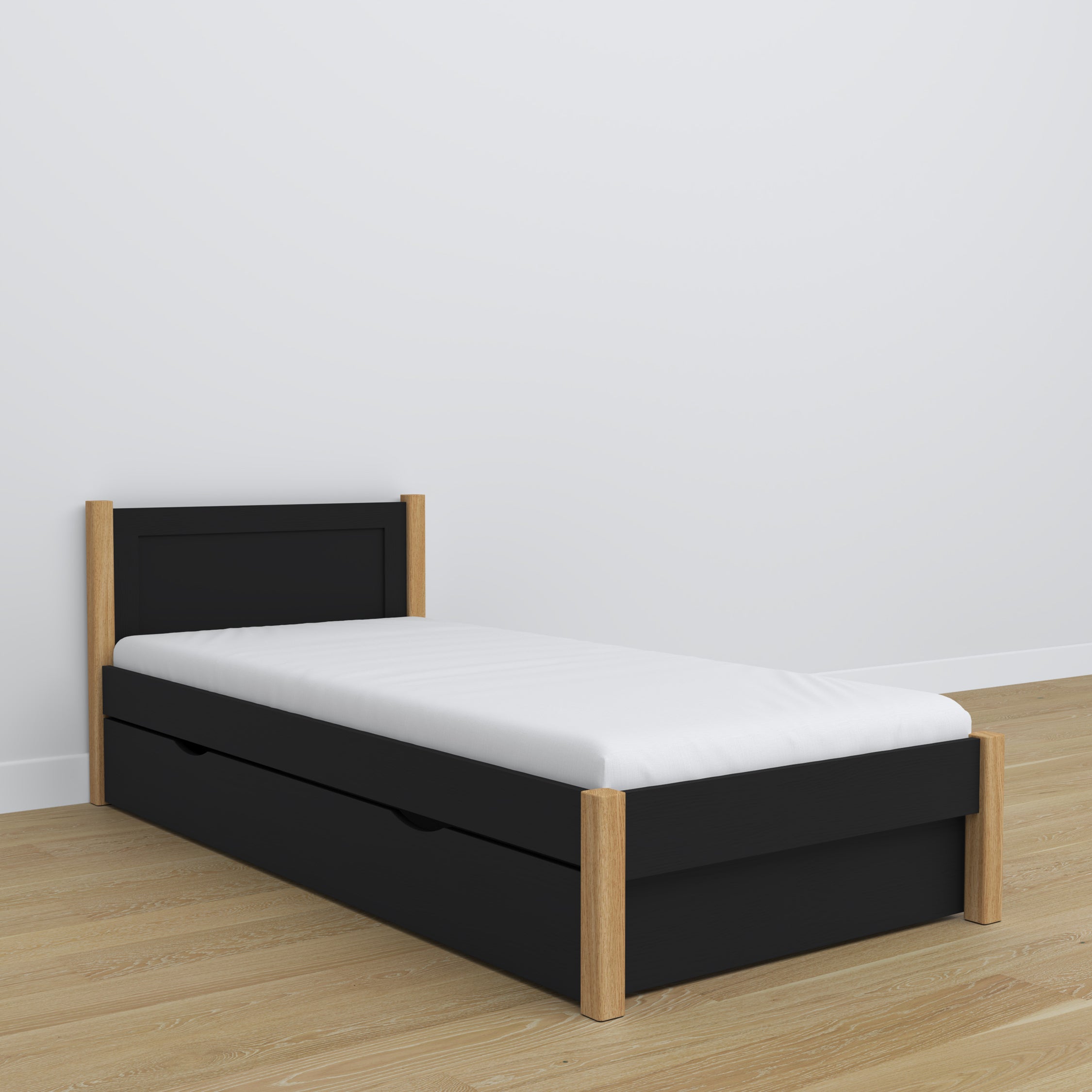 Bett mit Schublade aus Holz Schwarz-Eiche – Kinderzimmer, Scandi-Einrichtung
