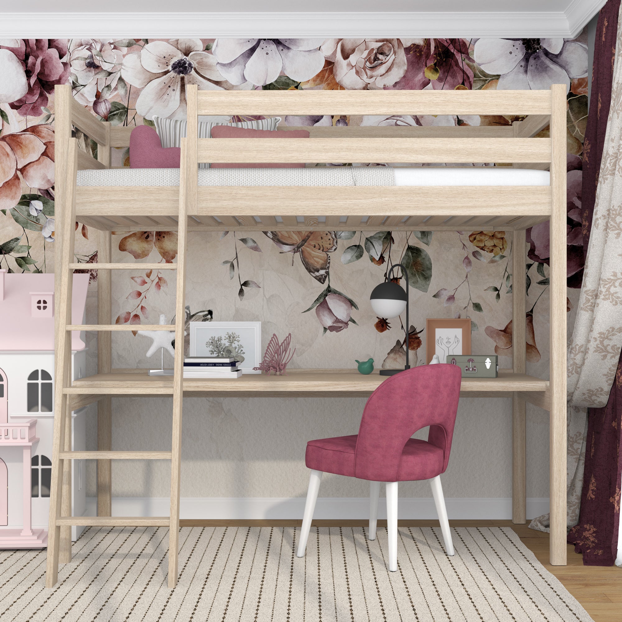 Loft bed bleached oak with desk – study space under the sleeping area, oak
