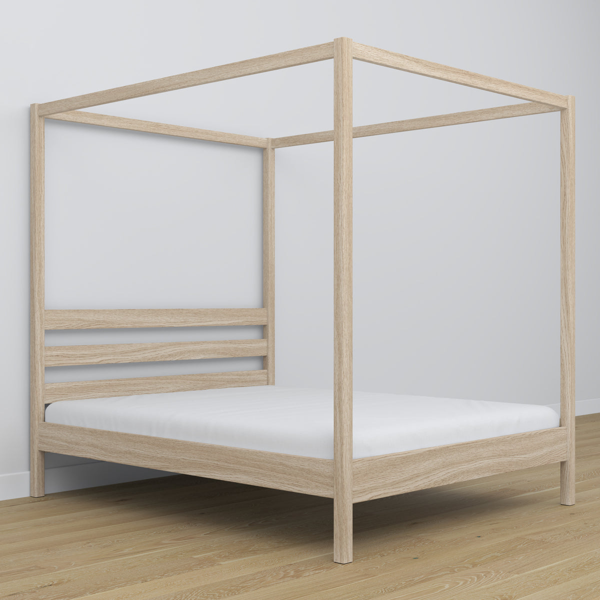 Doppelbett gebleichte Eiche mit Baldachin – dekorativer Eichenrahmen, scandi