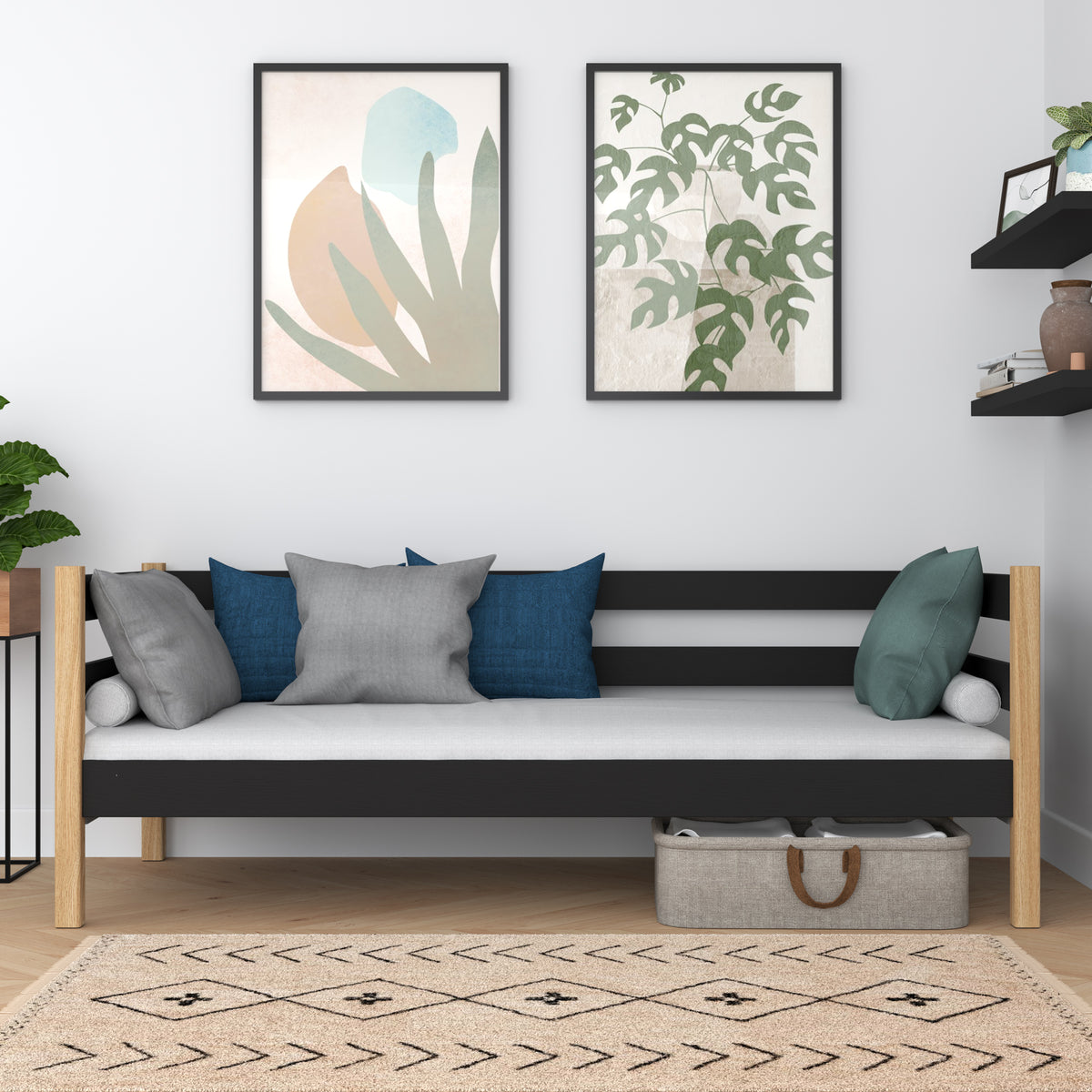 Drewniane łóżko sofa N01 czarno dębowy – widok ogólny, lite drewno