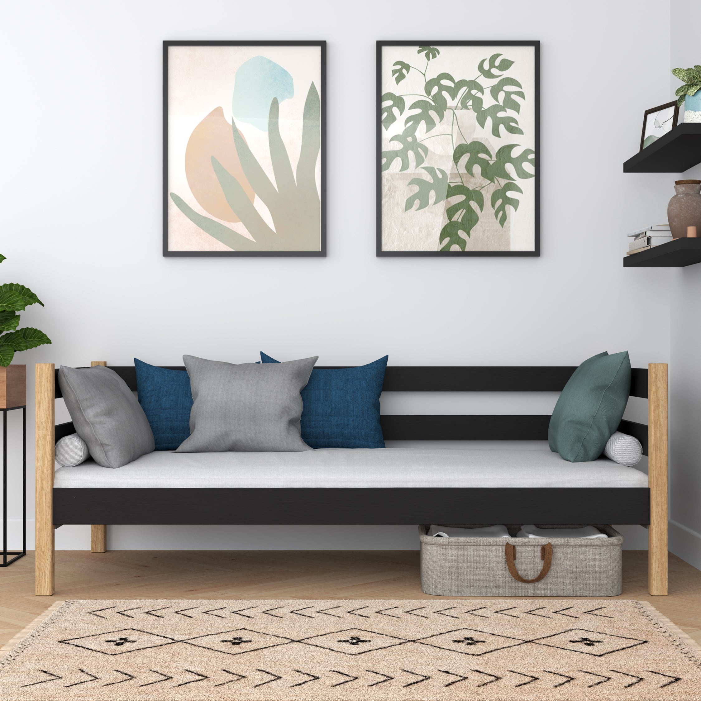 Drewniane łóżko sofa N01 czarno dębowy – widok ogólny, lite drewno