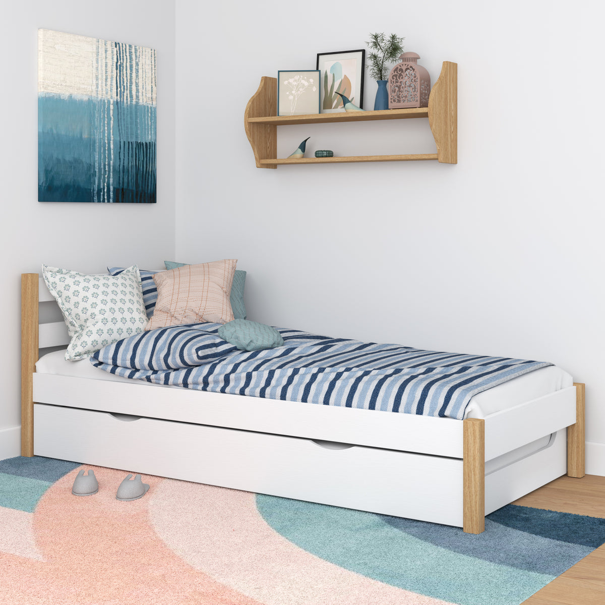 Bed white/oak with mattress drawer – side view, wooden, Nizio Home