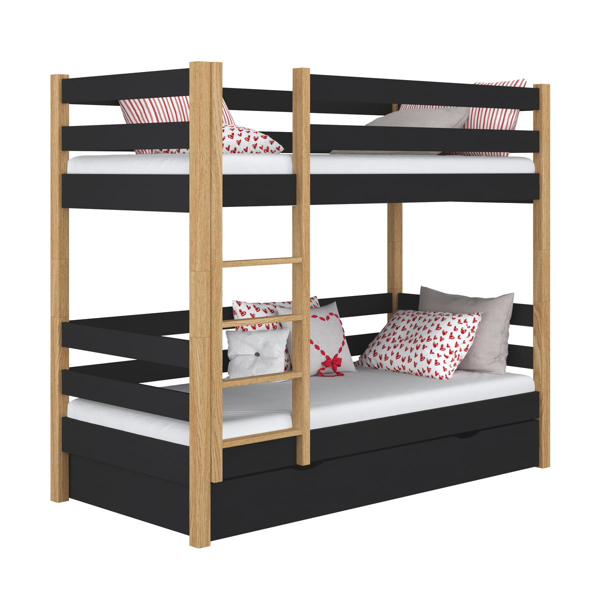 Etagenbett mit Schublade Holz Schwarz-Eiche – Kinderzimmer, Massivholz, scandi
