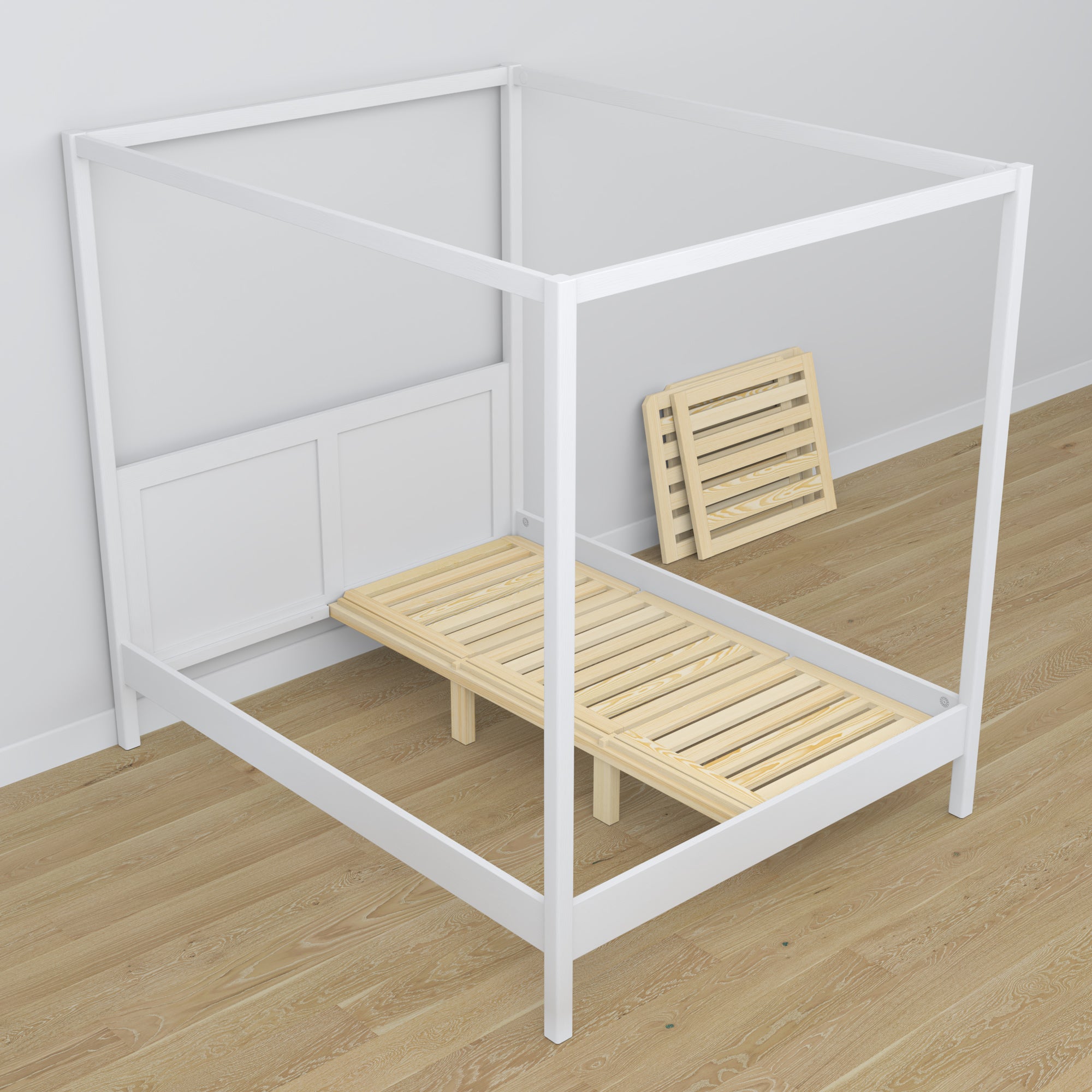 Bett mit Baldachin Weiß aus Holz – Seitenansicht, Scandi-Stil