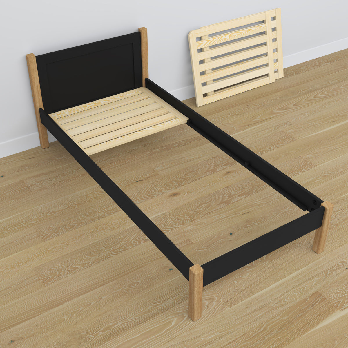 Bett mit Schublade aus Holz Schwarz-Eiche – Kopfteil, Nahaufnahme der Holzqualität