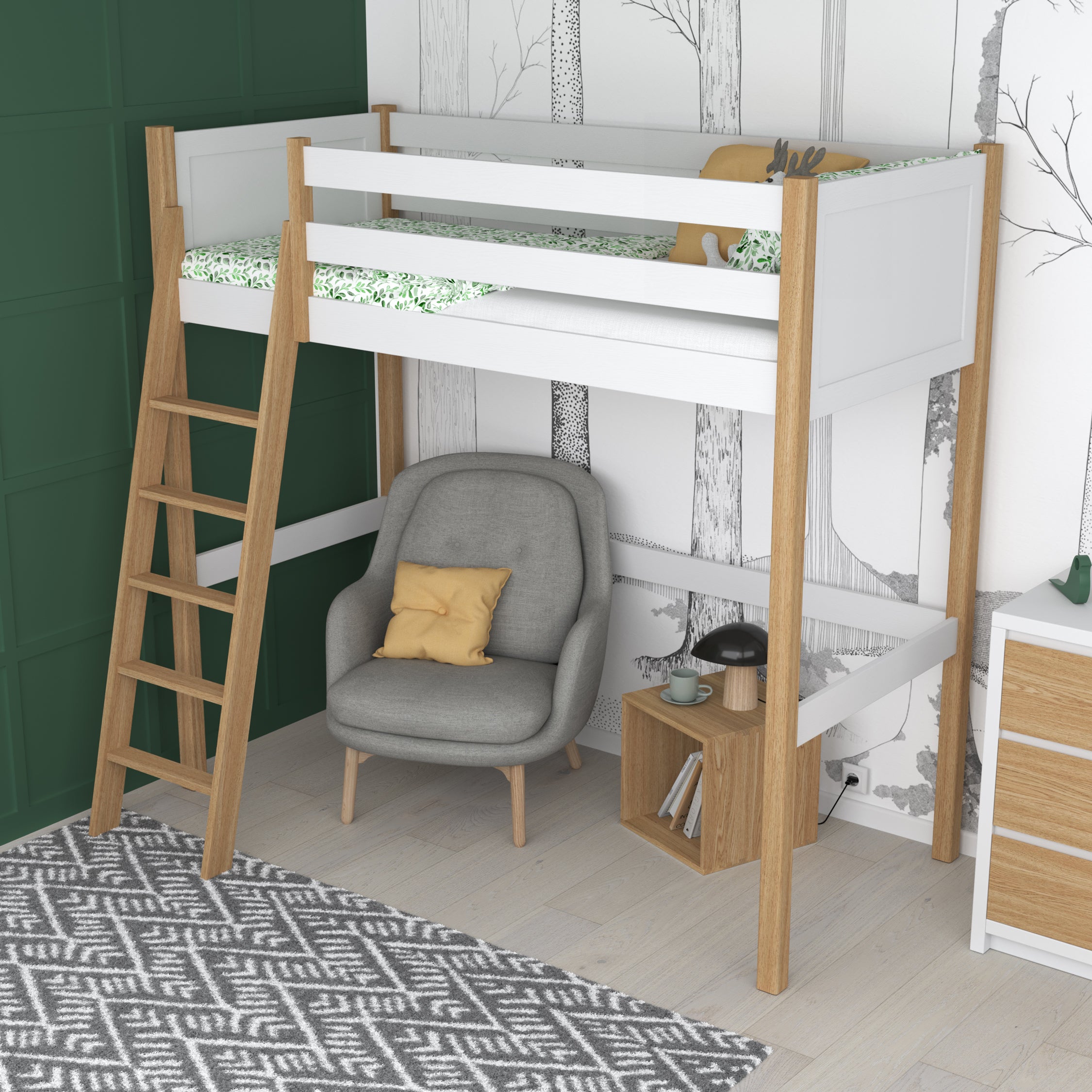 Hochbett weiß-Eiche im Kinderzimmer – Scandi-Einrichtung, Holz