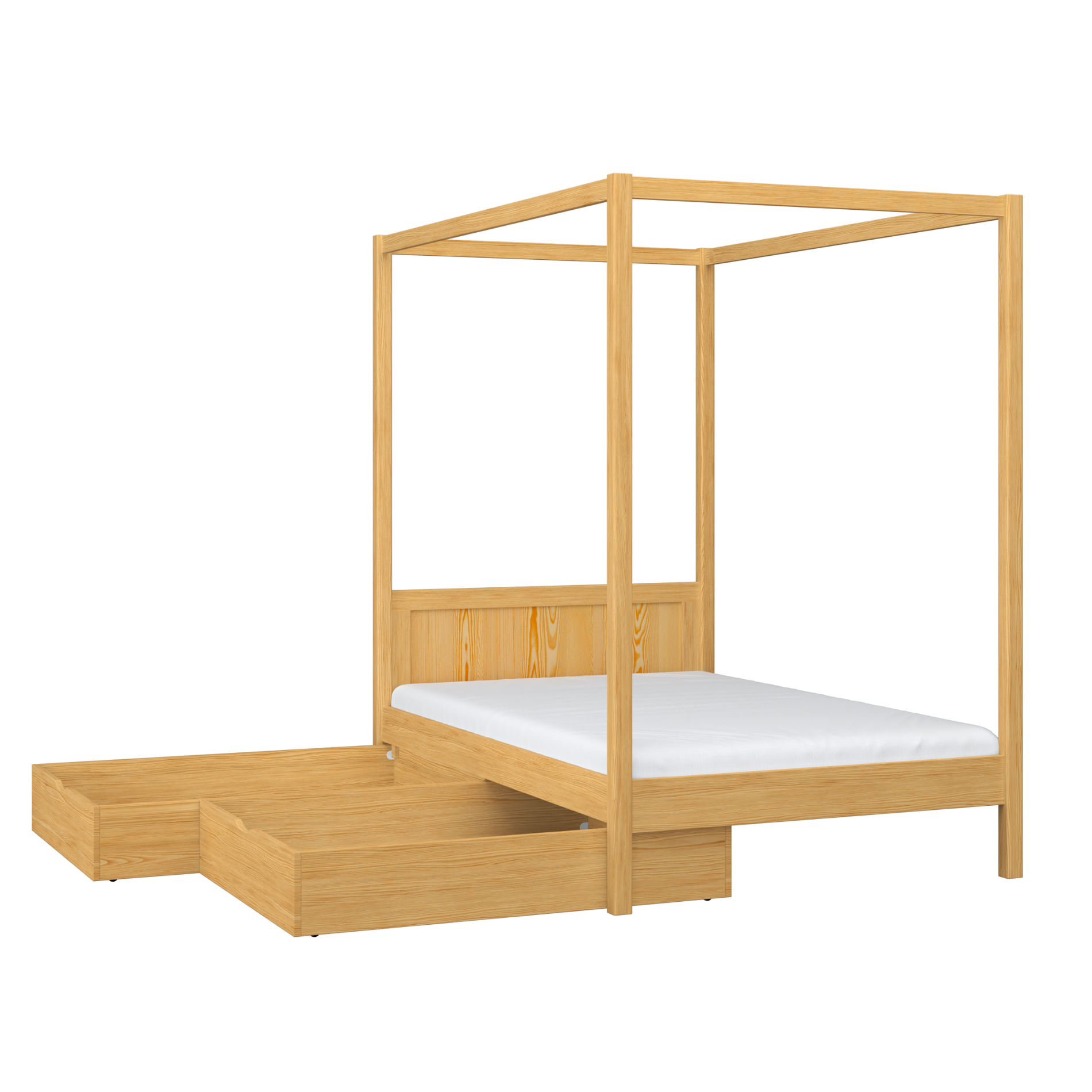 Bett Kiefer natur mit Baldachin und Schublade – Seitenansicht, Holz