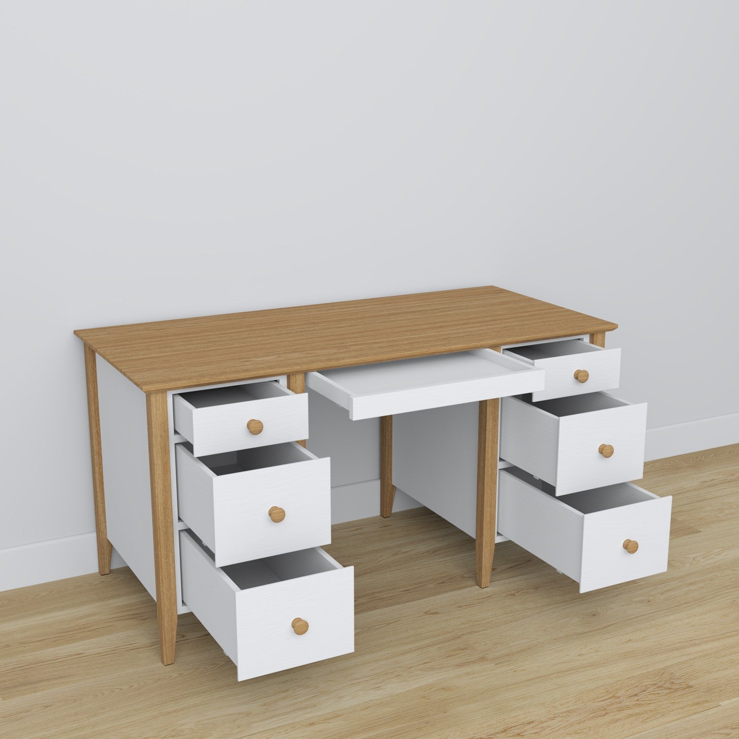 Schreibtisch 6S Holz Weiß mit Eiche – Schubladen geöffnet, Dokumentenfächer