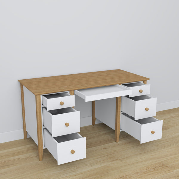 Schreibtisch 6S Holz Weiß mit Eiche – Schubladen geöffnet, Dokumentenfächer