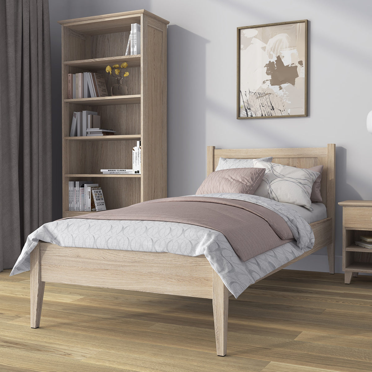 Regal 1S 80 Eiche gebleicht – Eichenelemente, volle Höhe, Frontansicht, Nizio