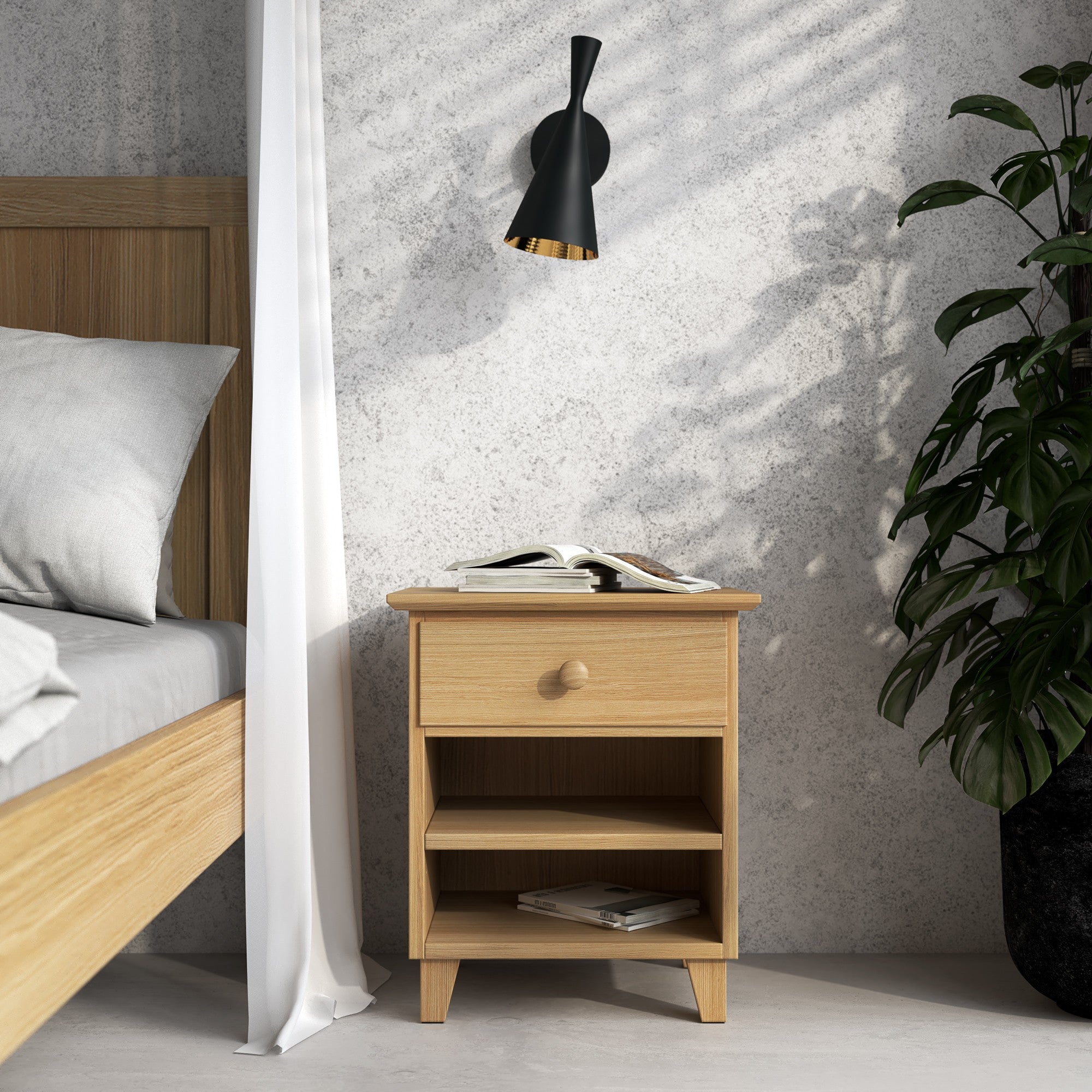 Nachttisch N02 Eichenholz Natureiche – offene Schublade, Stauraum neben dem Bett