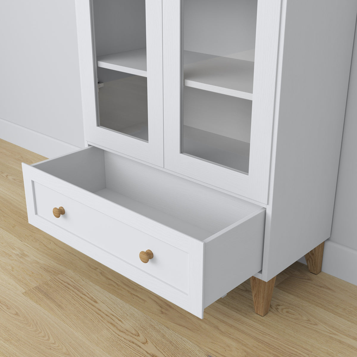 Vitrine 1S Holz Weiß mit Eiche – Tür geöffnet, Regale und Schublade innen