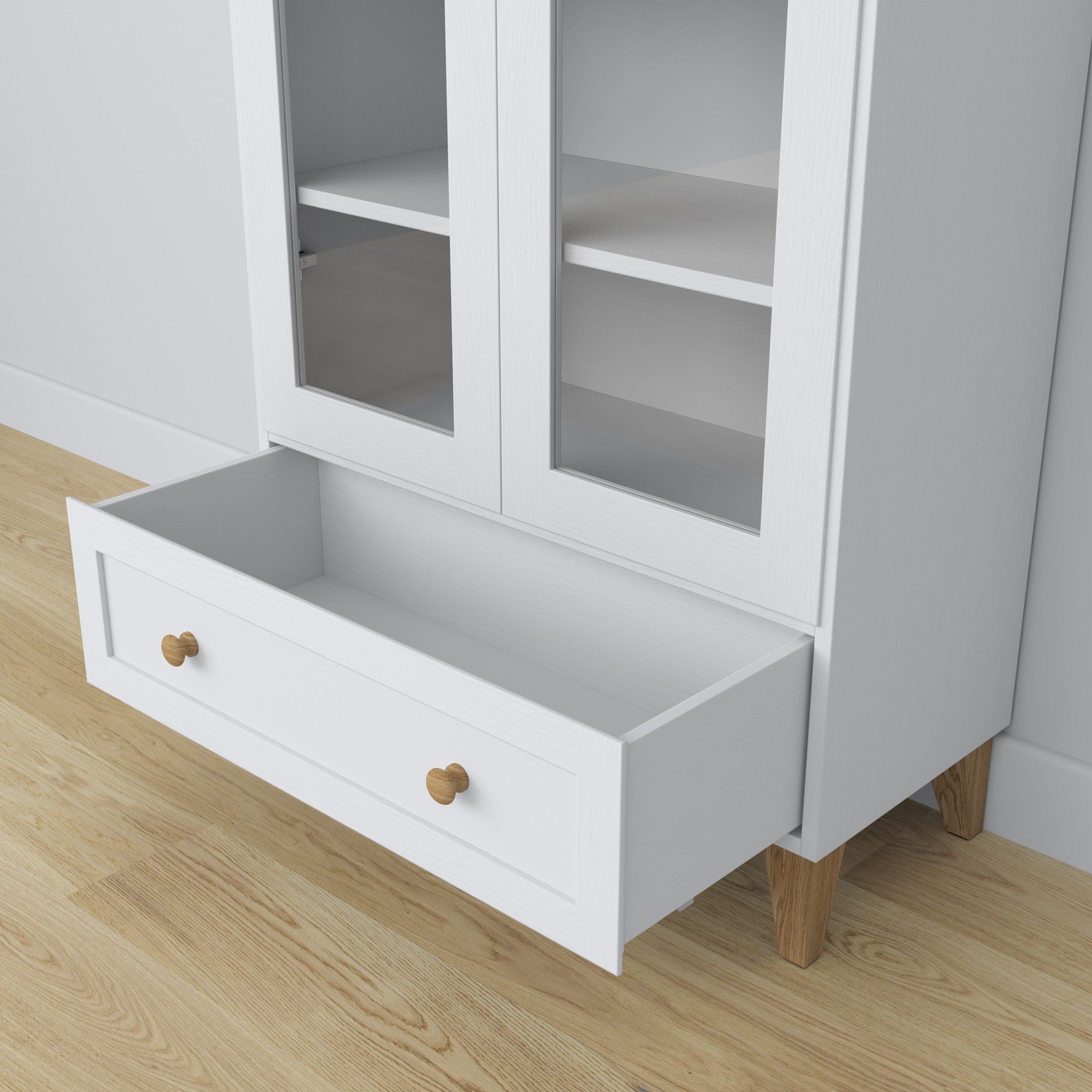 Vitrine 1S Holz Weiß mit Eiche – Tür geöffnet, Regale und Schublade innen