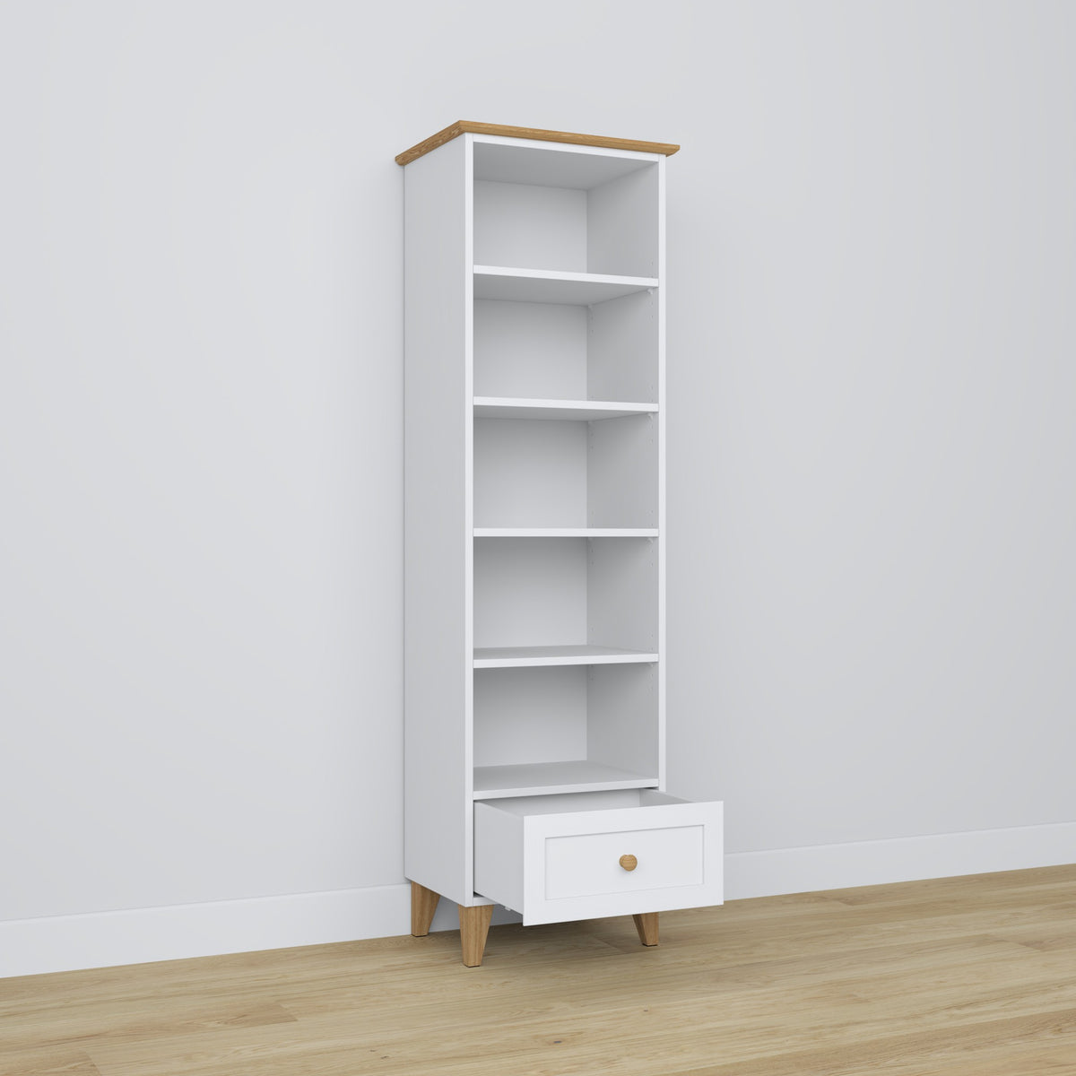 Bookcase 1S wooden white with oak – open drawer, storage for small items
