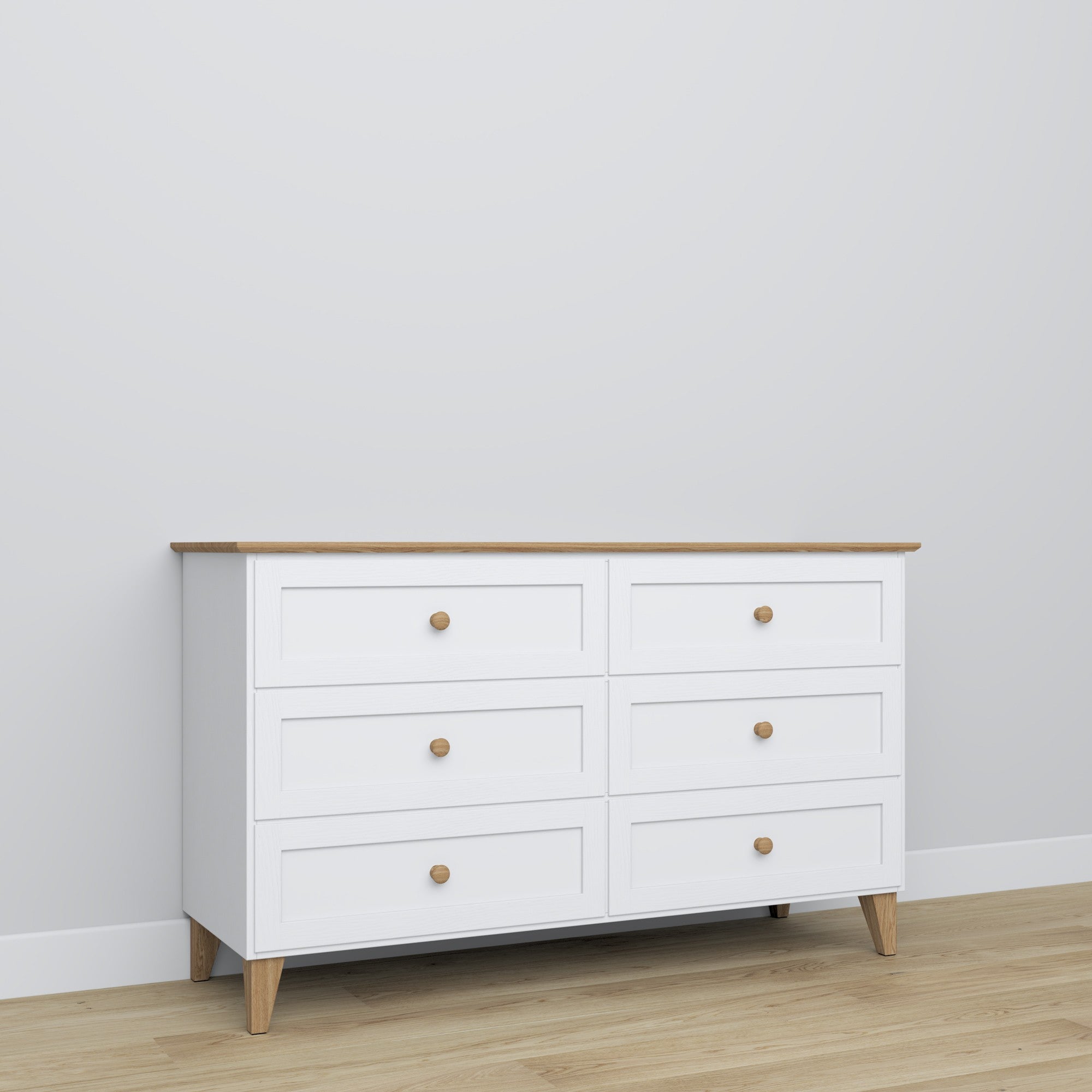 Kommode 6S Weiß mit Eiche – Holz, geschlossene Schubladen, Frontansicht, Nizio