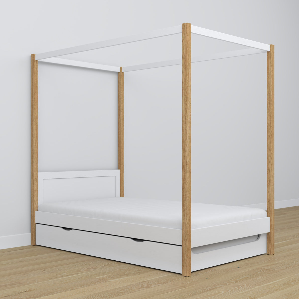 Bett Weiß-Eiche mit Baldachin – Schublade für zusätzliche Matratze, aus Holz