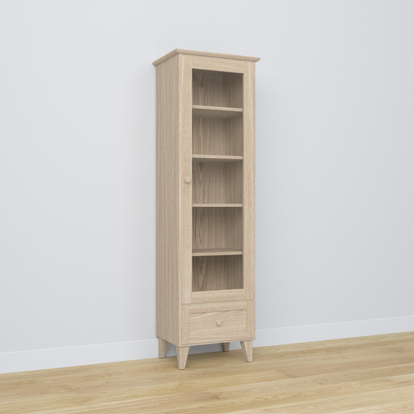 Vitrine 1S Eiche geweißt – Tür geöffnet, Regale und Schublade innen