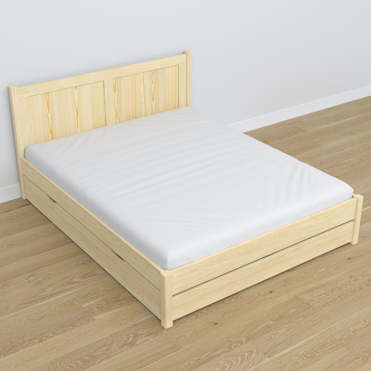 Doppelbett Kiefer farblos – Beine und Basis aus Holz, Nahaufnahme