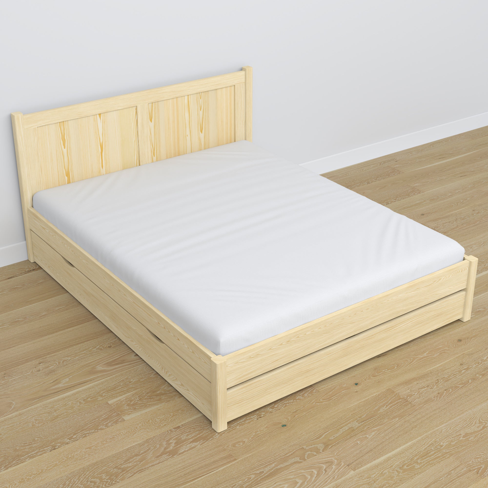 Doppelbett Kiefer farblos – Beine und Basis aus Holz, Nahaufnahme