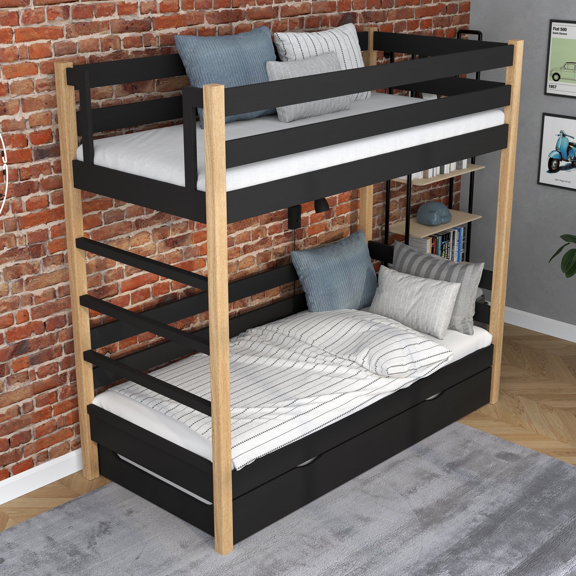 Etagenbett schwarz-eiche für Kinder – Matratzen-Schublade, aus Holz, Nizio