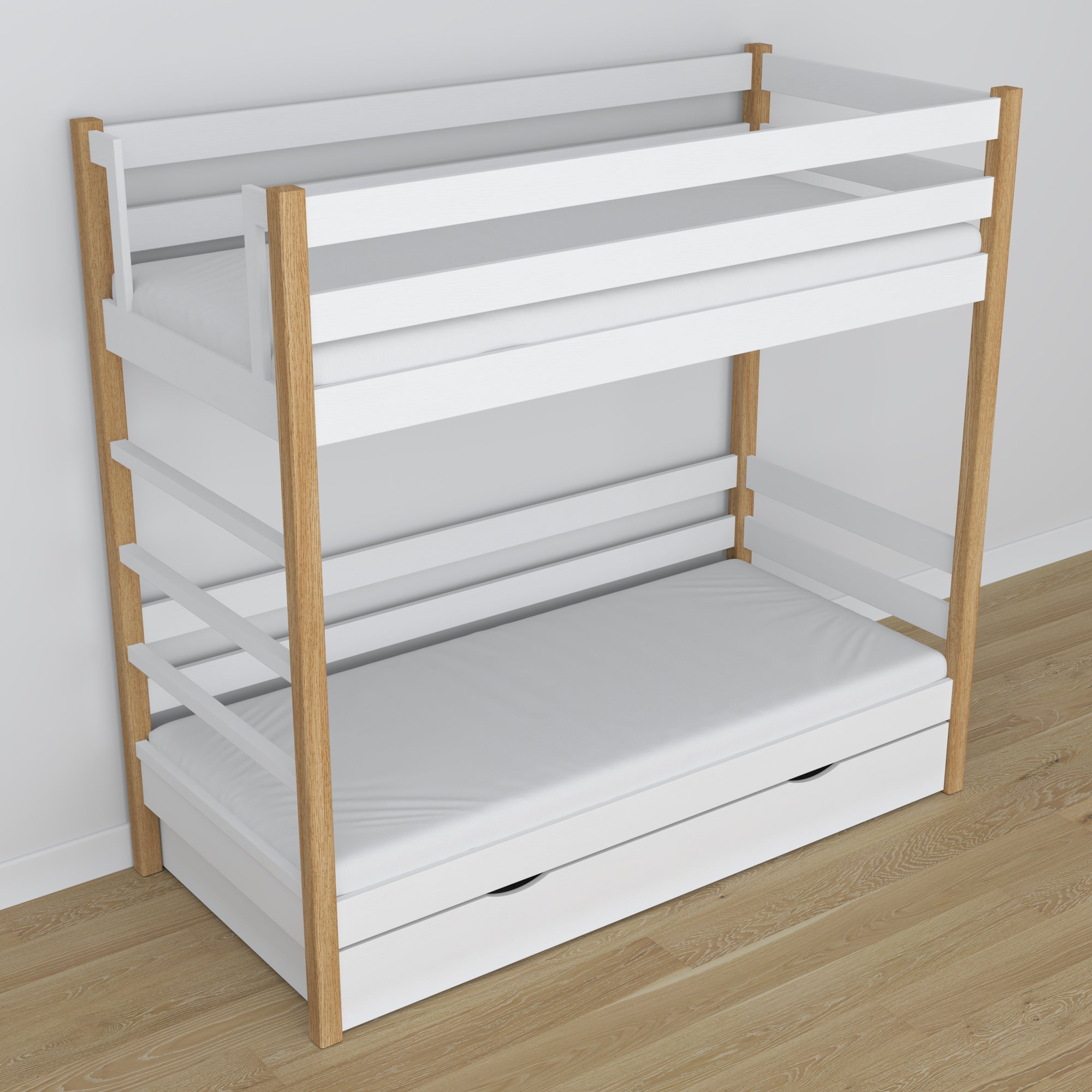Holz-Etagenbett weiß-eiche mit Schublade – Maße und Schema, Nizio