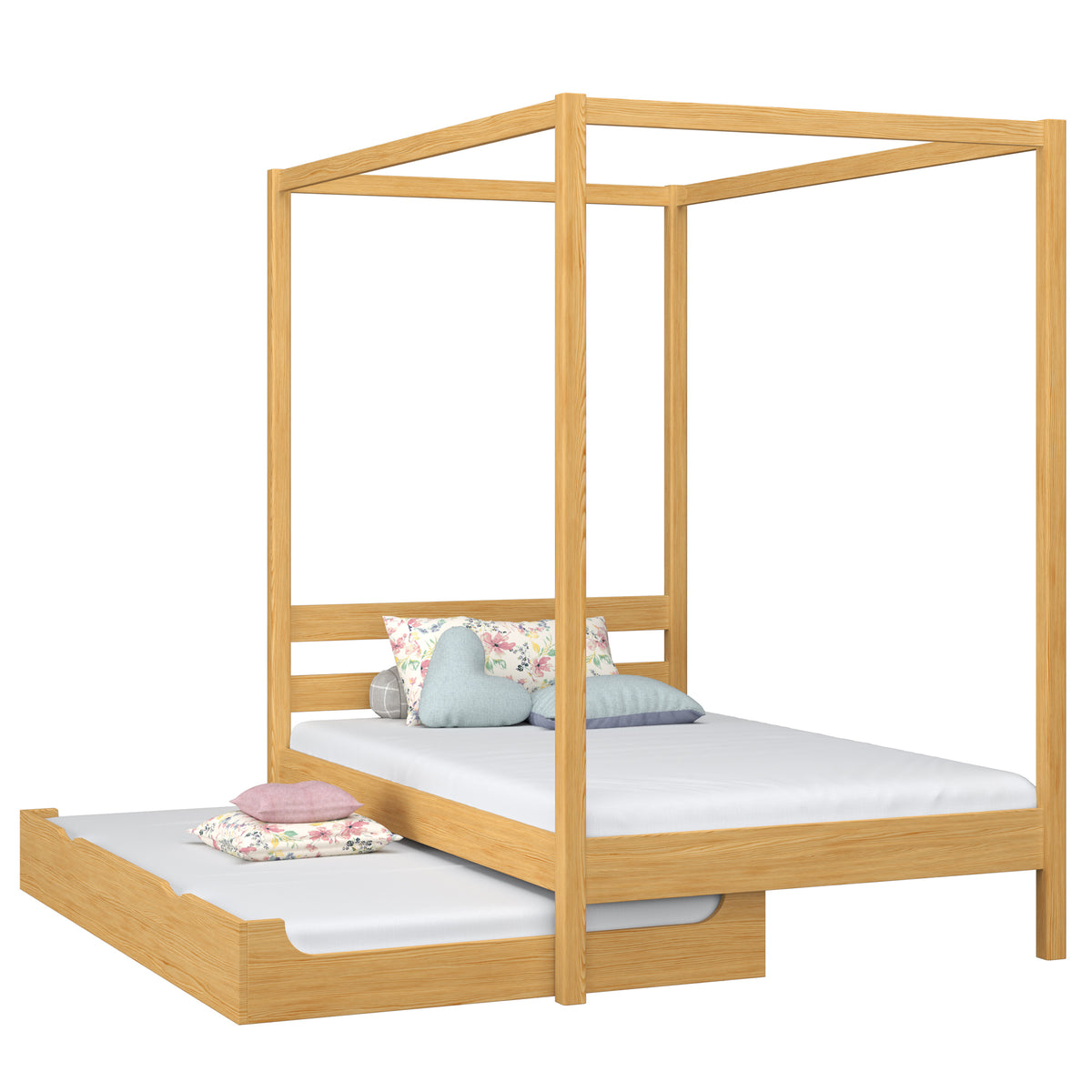 Himmelbett mit Baldachin und Schublade für Matratze Holz Kiefer natur – Kinderzimmer Scandi