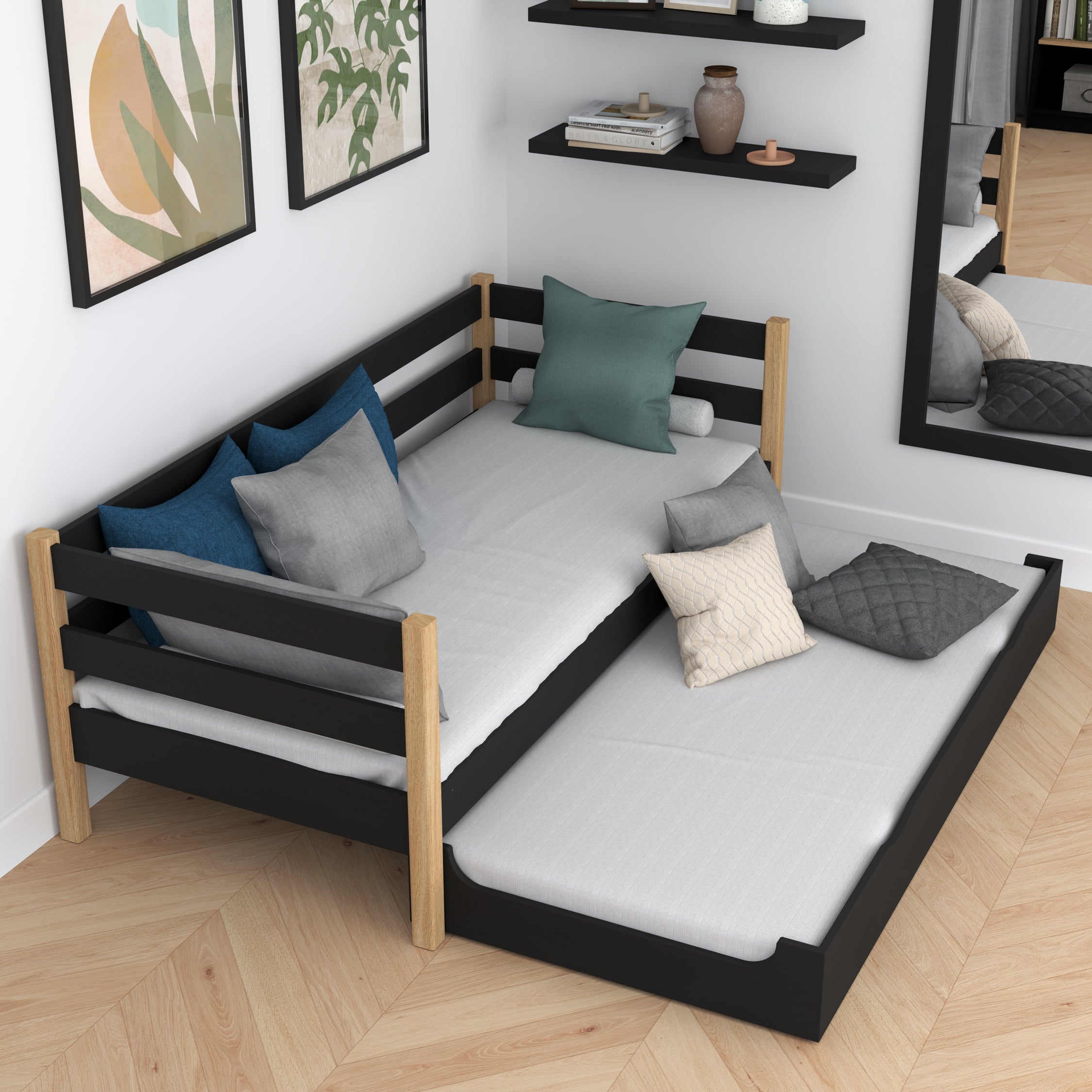 Sofa bed wooden black-oak – mattress drawer pulled out, for guests