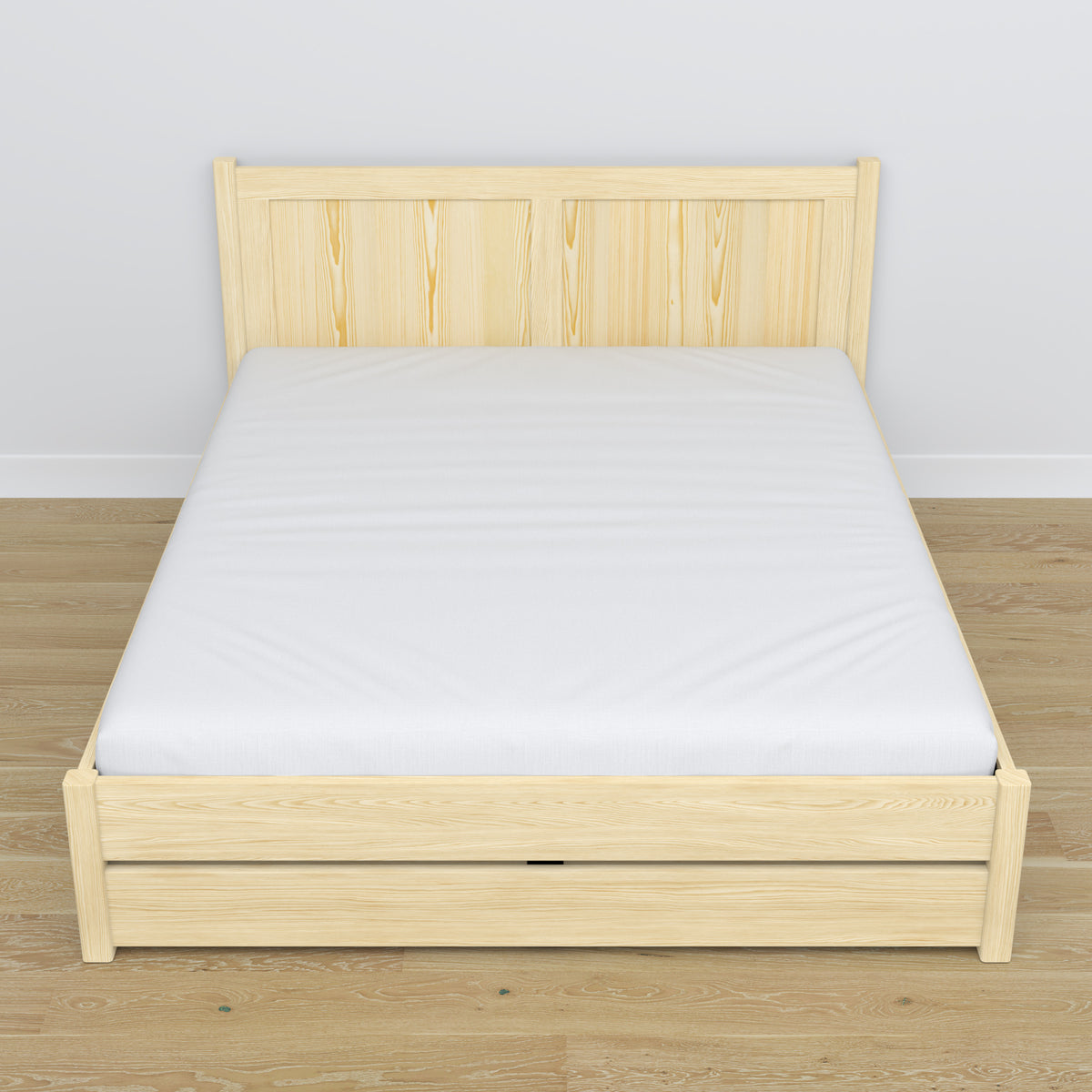 Doppelbett mit Schublade aus Holz Kiefer farblos – Schrägansicht, Scandi-Schlafzimmer