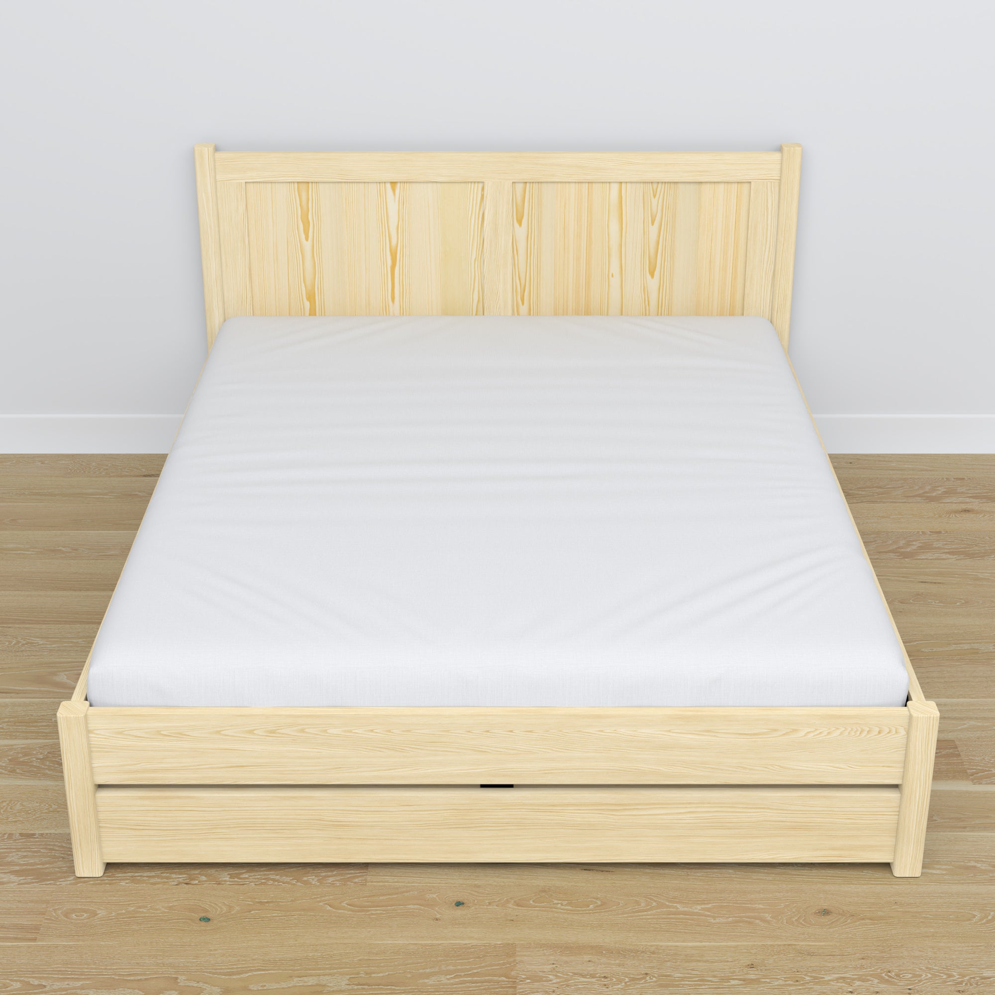 Doppelbett mit Schublade aus Holz Kiefer farblos – Schrägansicht, Scandi-Schlafzimmer