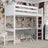 Loft bed white – wooden desk under the sleeping area, scandi children’s room