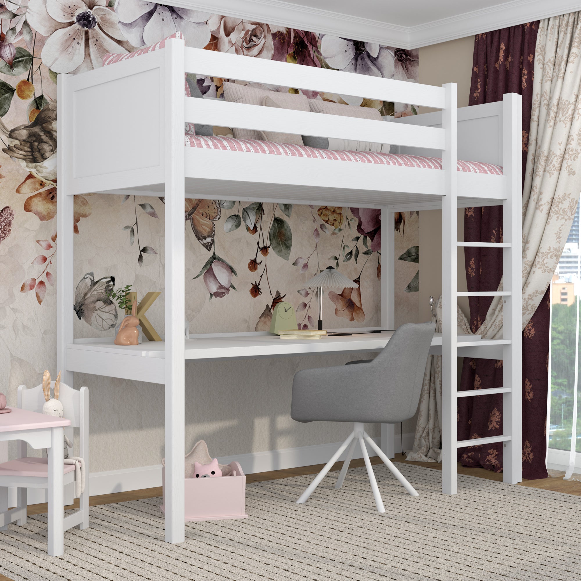 Loft bed white – wooden desk under the sleeping area, scandi children’s room