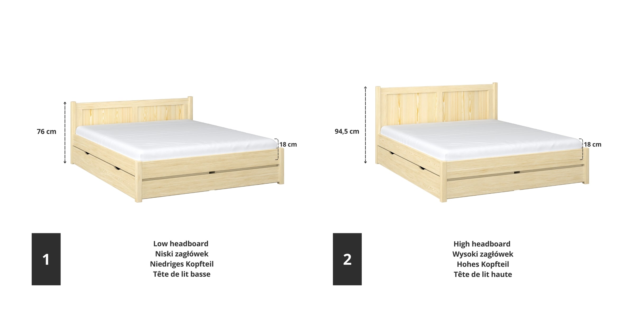 Doppelbett Holz Kiefer farblos – Details der Verbindungen und Schubladen, Nizio