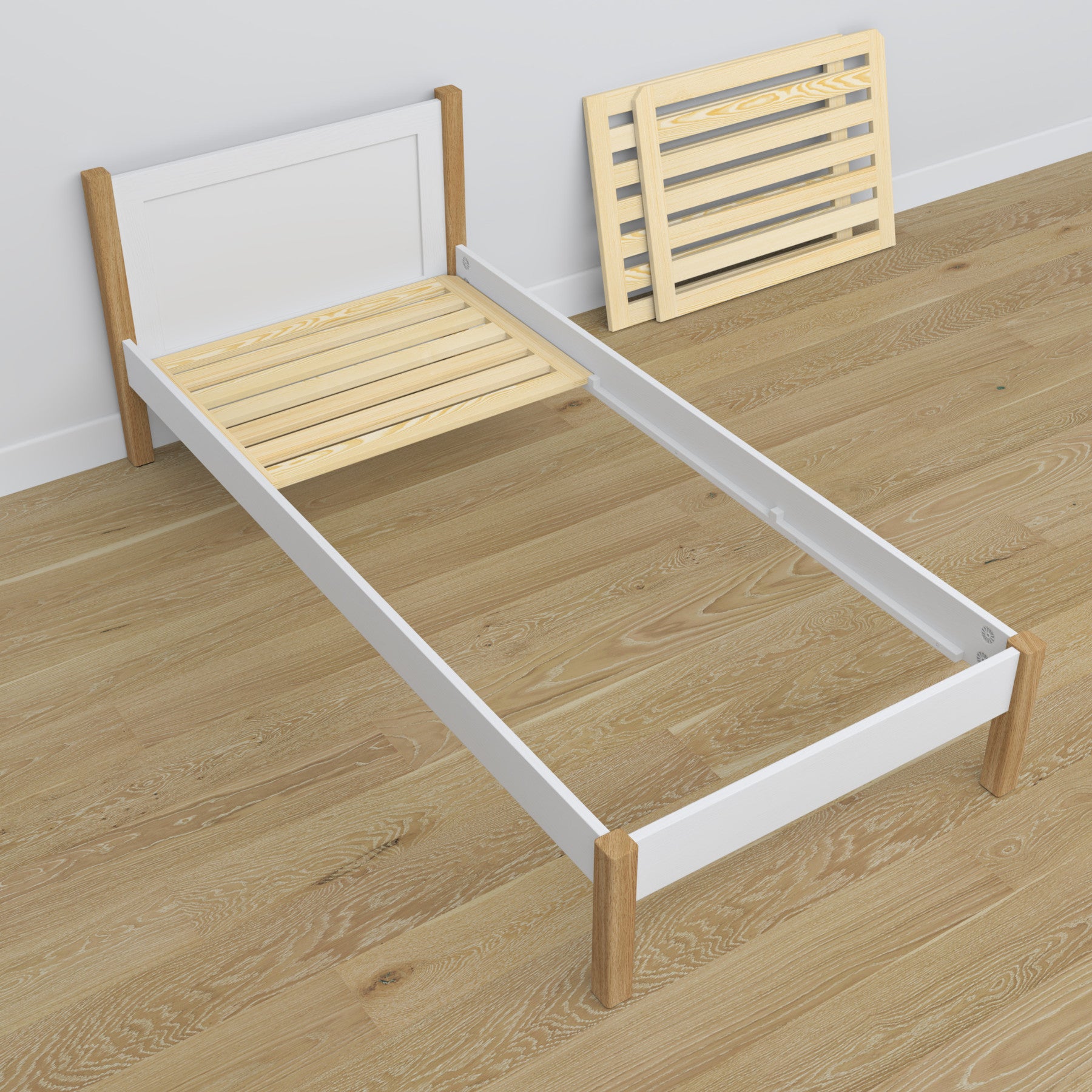 Einzelbett aus Holz weiß-eiche – Schrägansicht, Scandi-Kinderzimmer