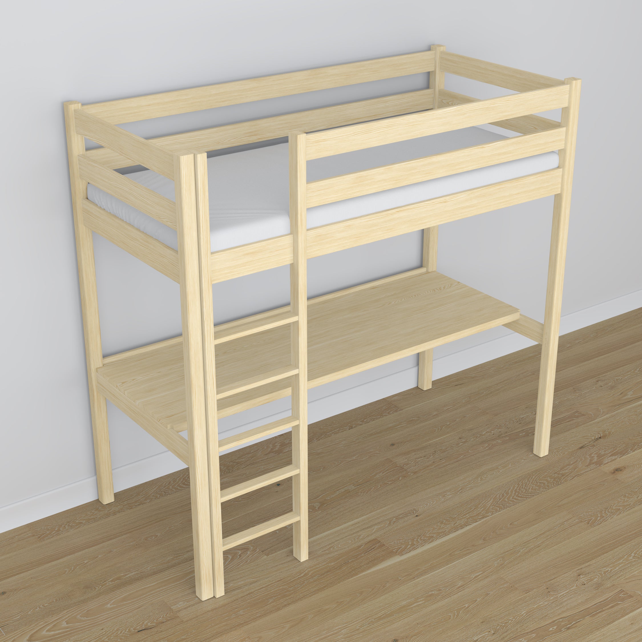 Hochbett Kiefer farblos aus Holz – Draufsicht auf den Schlafbereich, Nizio