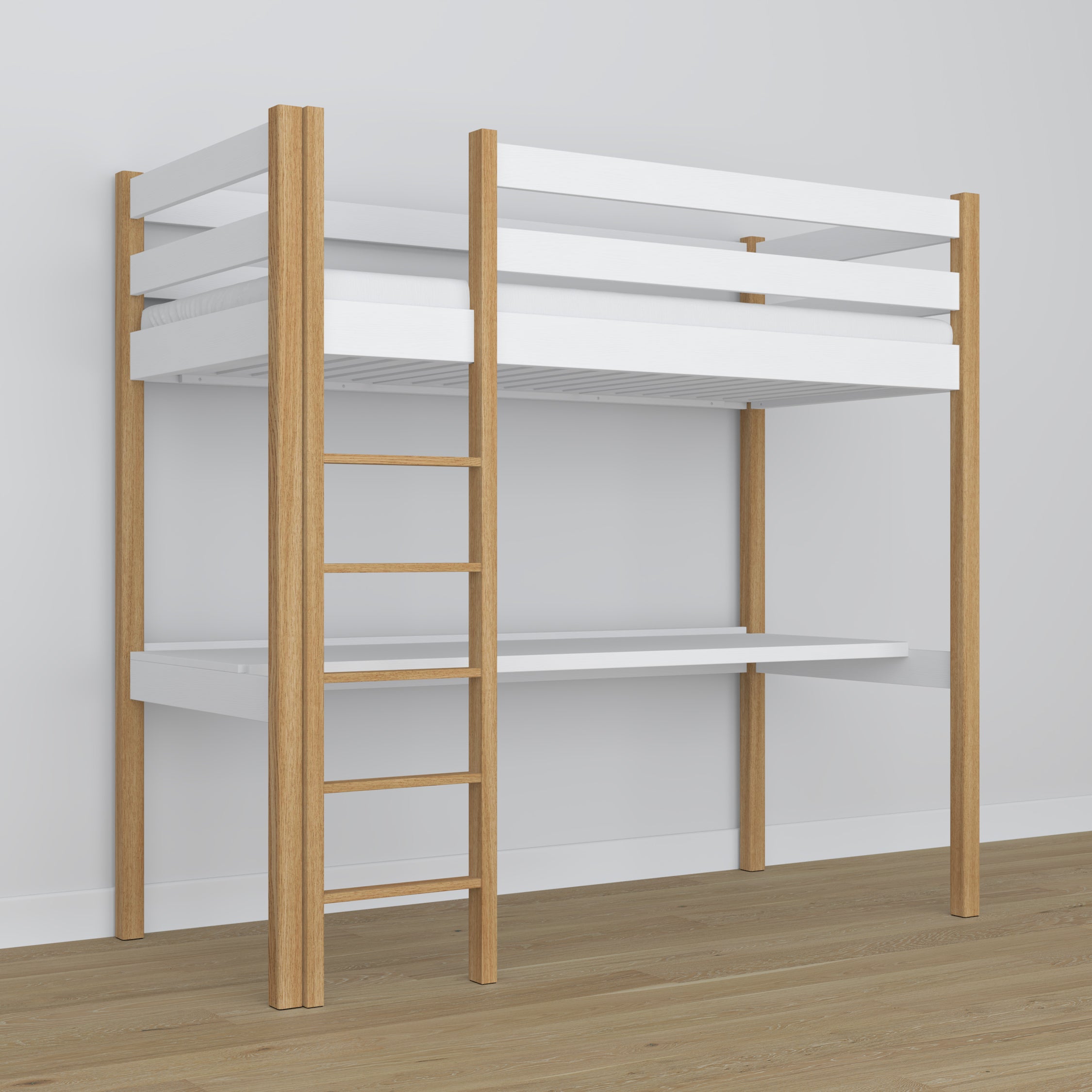 Hochbett mit Schreibtisch aus Holz weiß-eiche – Leiter und Schutzgeländer