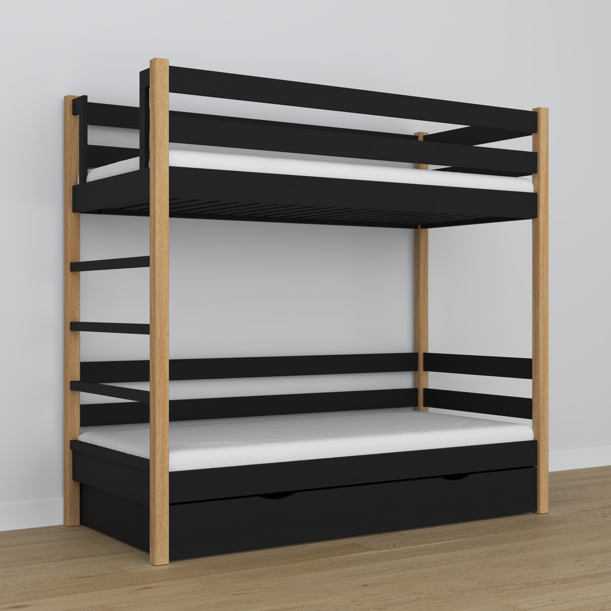 Etagenbett mit Schublade Schwarz-Eiche aus Holz – skandinavisches Design, Nizio