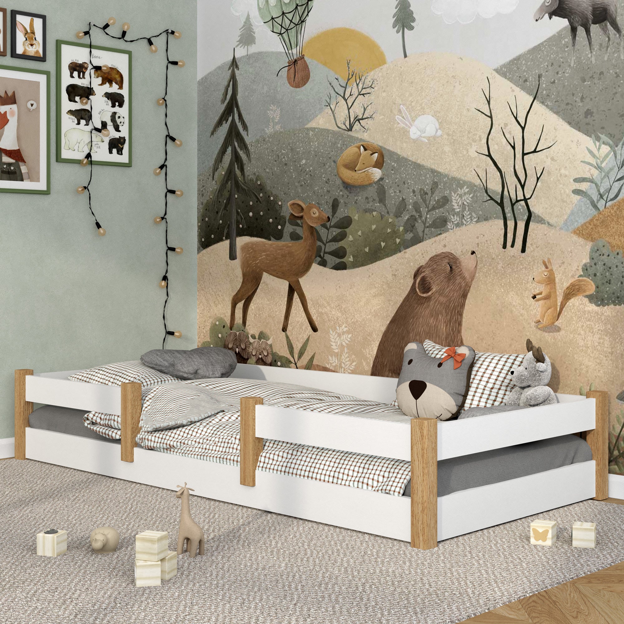 Wooden low bed N01 white / oak