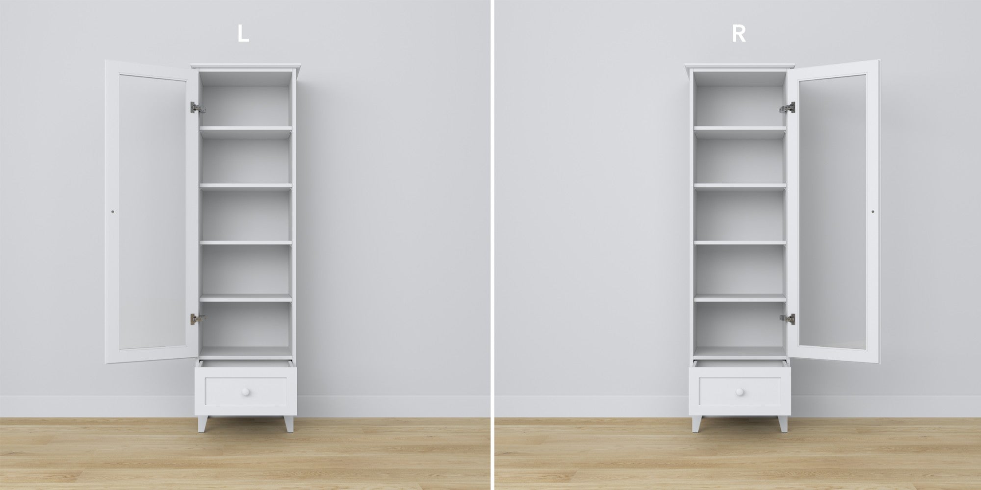 Vitrine 1S 57 Weiß – Scharniere der Glastüren, Holzoberfläche, Nahaufnahme