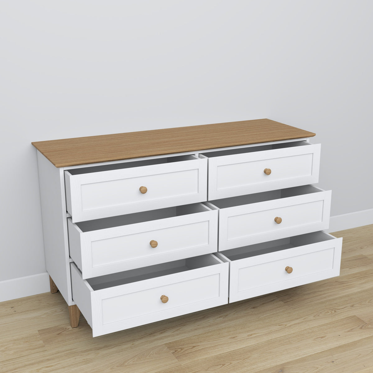 Kommode 6S Holz Weiß mit Eiche – offene Schubladen, geräumiges Staufach-Inneres