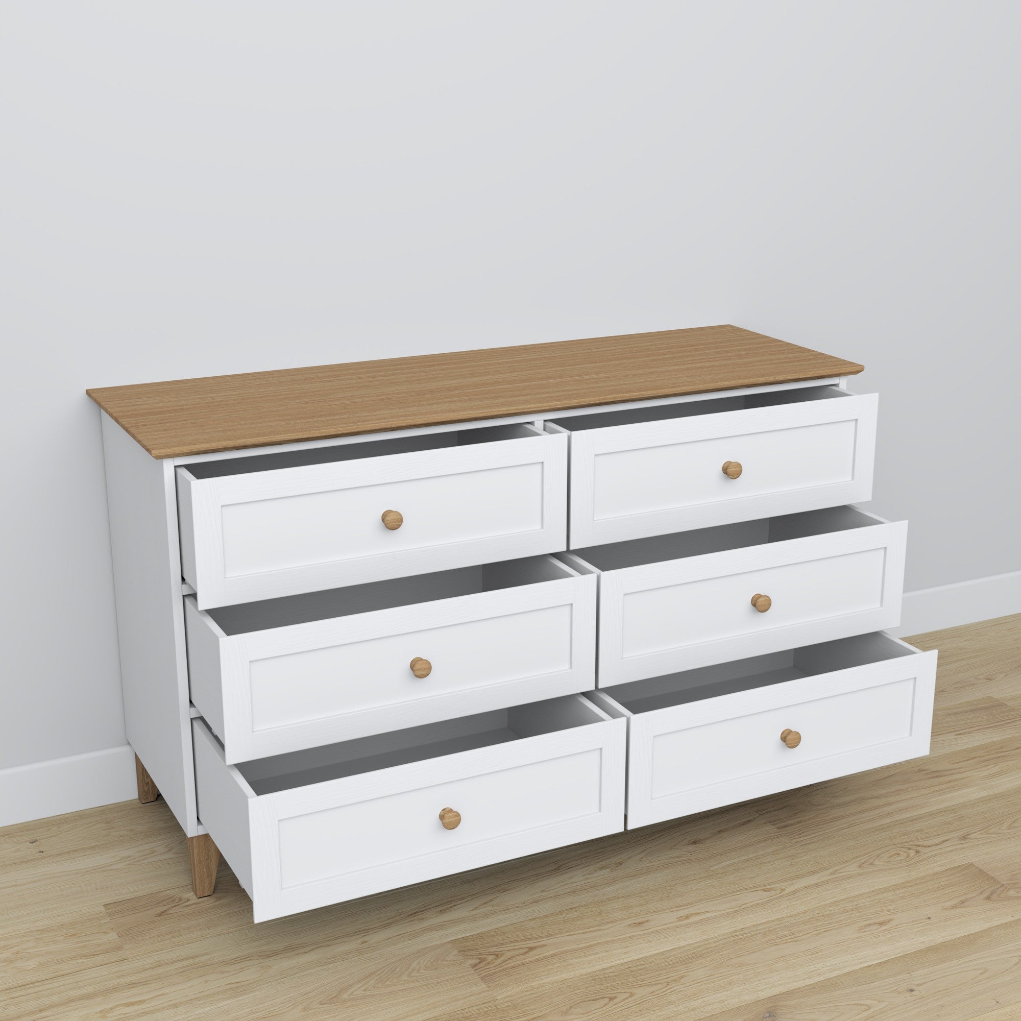 Kommode 6S Holz Weiß mit Eiche – offene Schubladen, geräumiges Staufach-Inneres