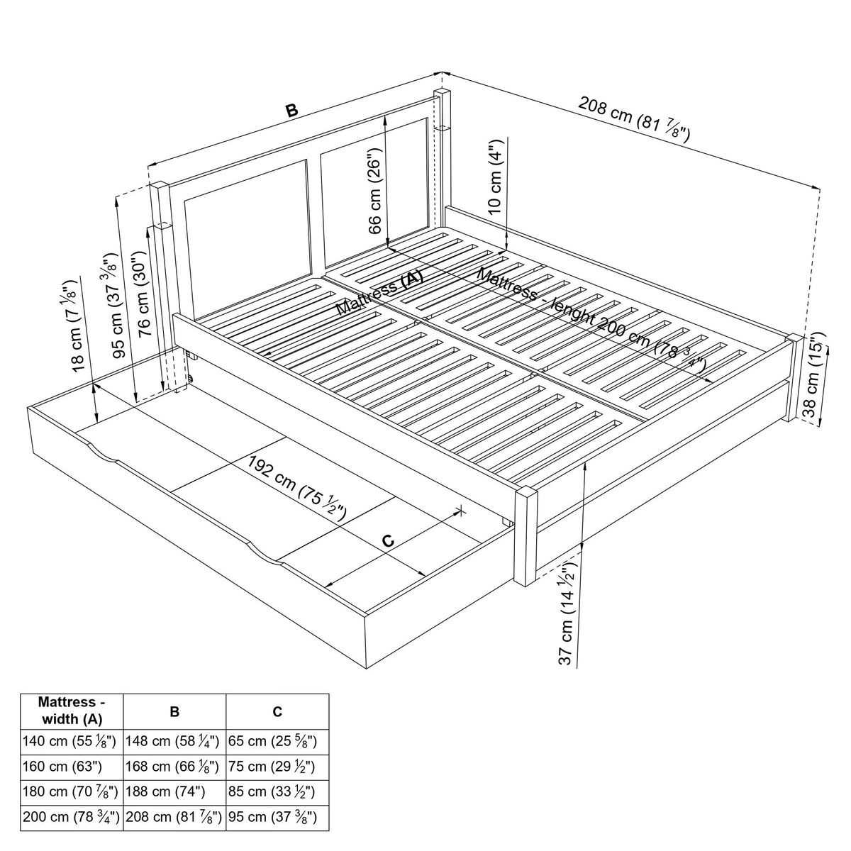 Wooden double bed with drawer N02 white